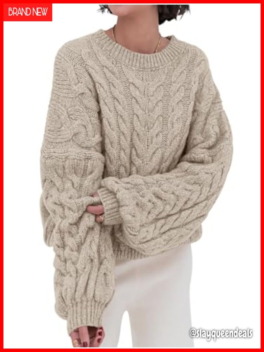 PRETTYGARDEN Cable Knit Crewneck Oversized Sweater Chunky Pullover